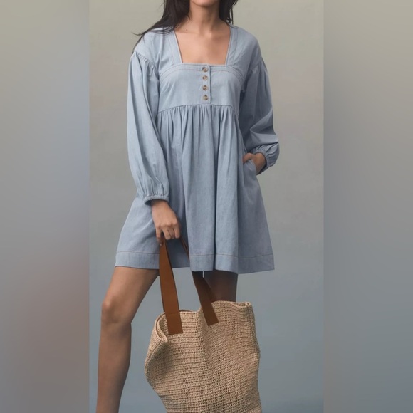 Anthropologie Long Sleeve Square Neck Denim Mini Babydoll Dress Blue Size Small - Picture 1 of 9